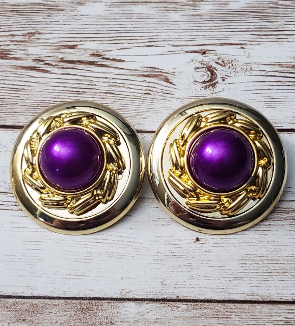 Vintage Clip On Earrings - Large Statement Earrings Purple & Gold Tone 3D